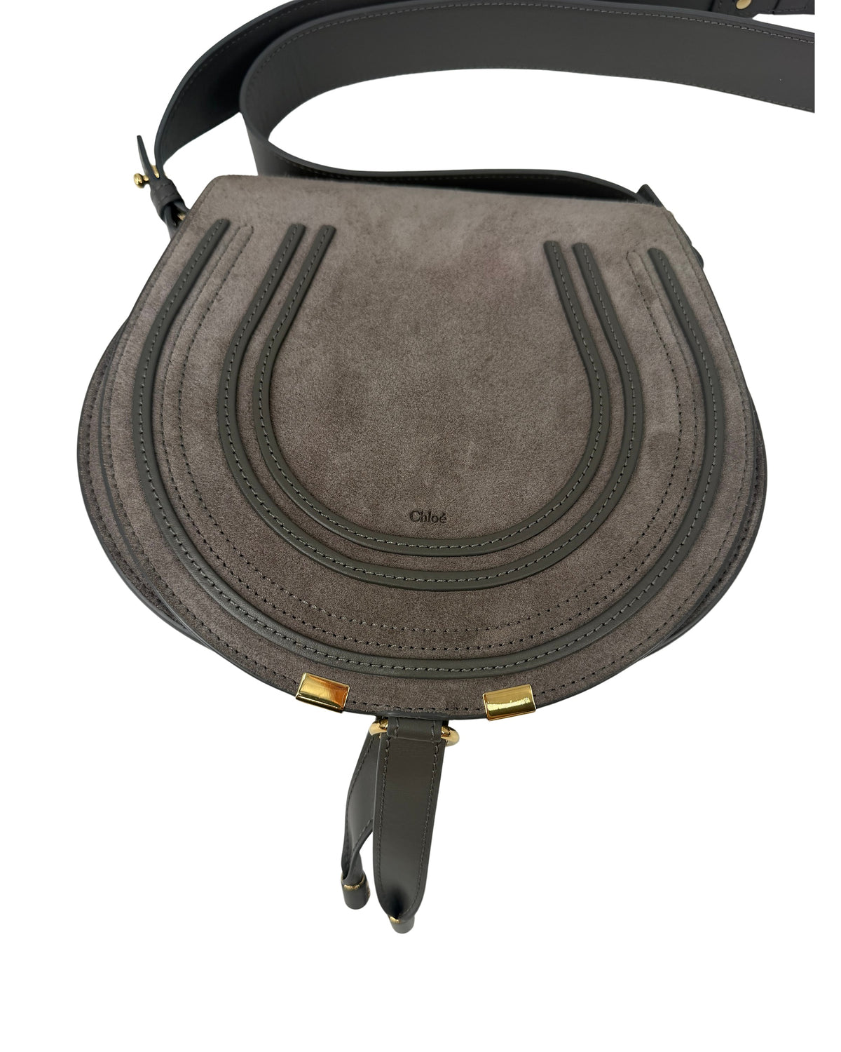 Chloe Marcie Grey Suede Saddle Crossbody Bag Gold Hardware Dust Bag