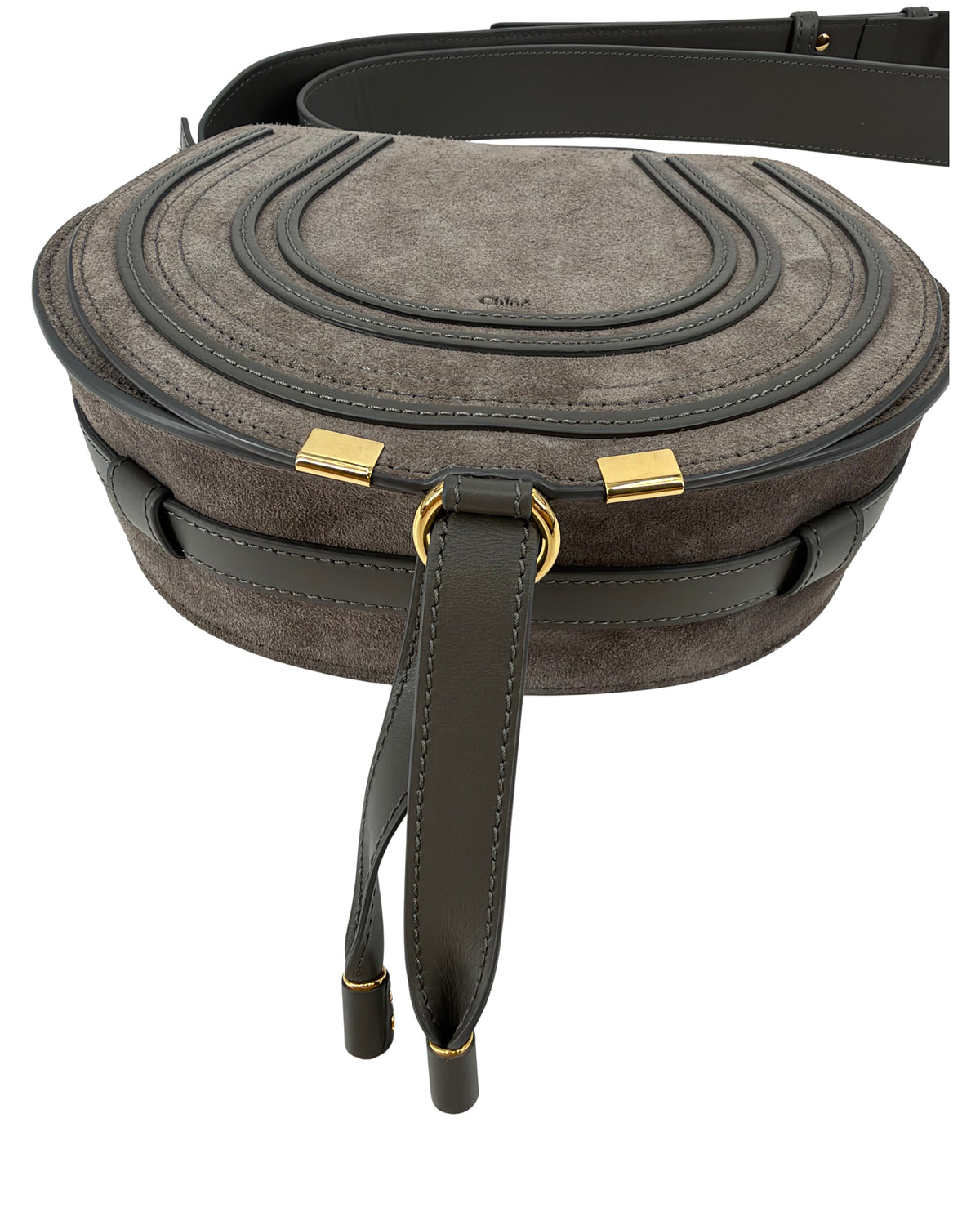 Chloe Marcie Grey Suede Saddle Crossbody Bag Gold Hardware Dust Bag