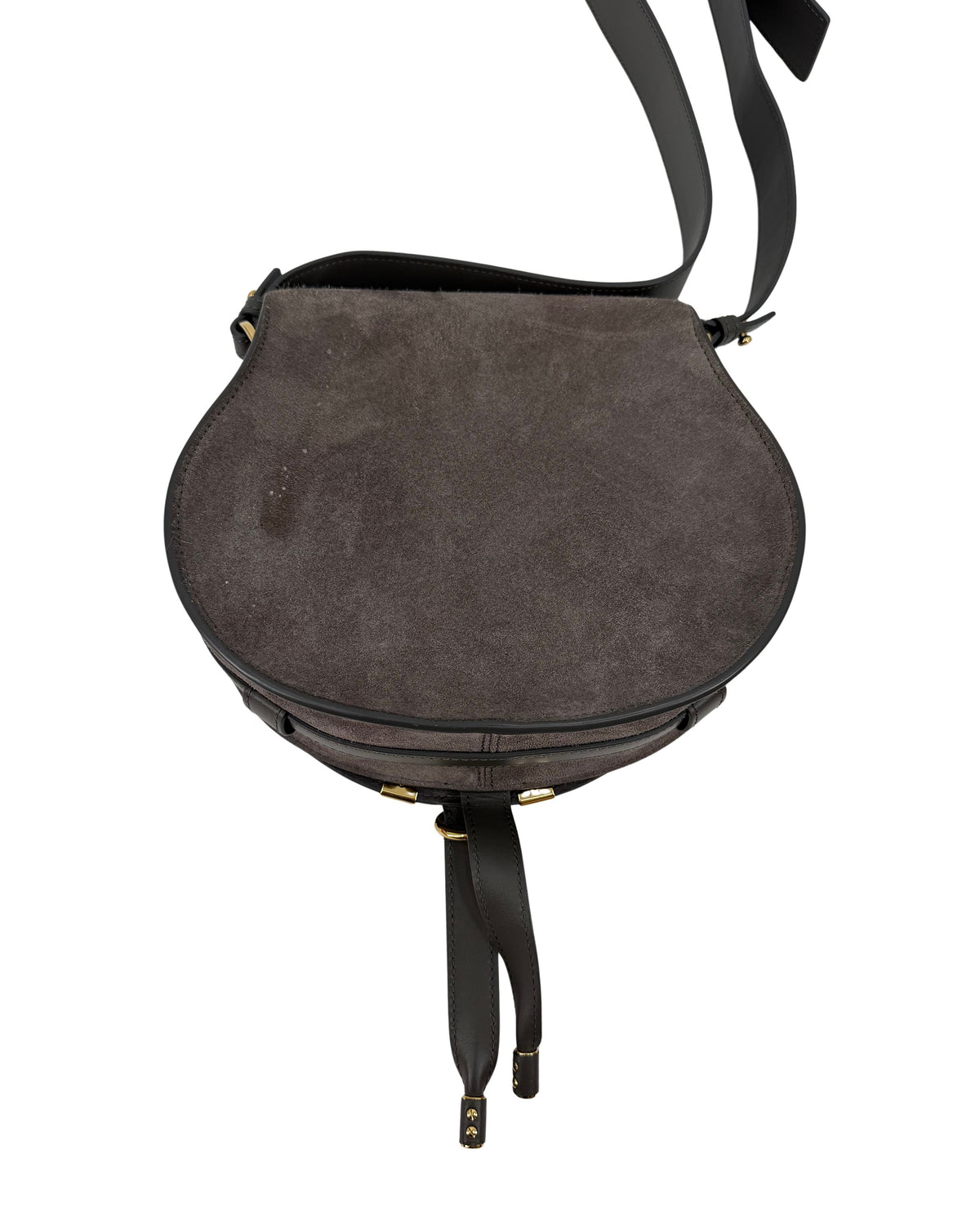 Chloe Marcie Grey Suede Saddle Crossbody Bag Gold Hardware Dust Bag