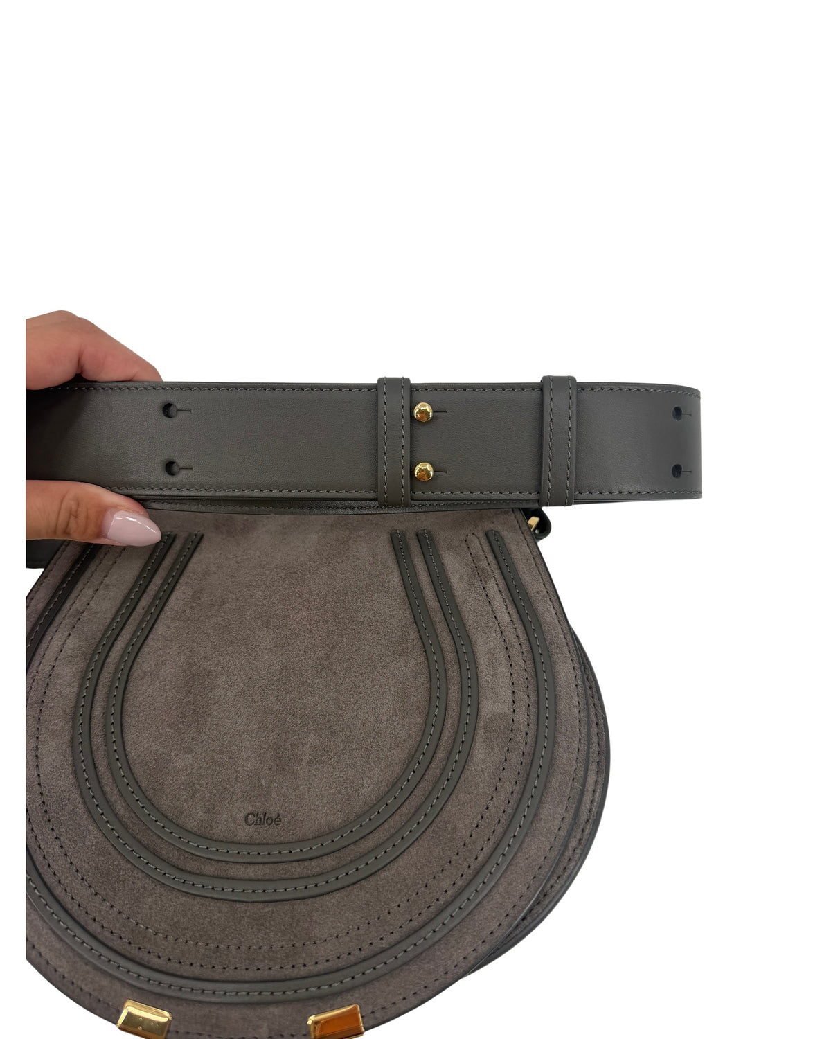 Chloe Marcie Grey Suede Saddle Crossbody Bag Gold Hardware Dust Bag