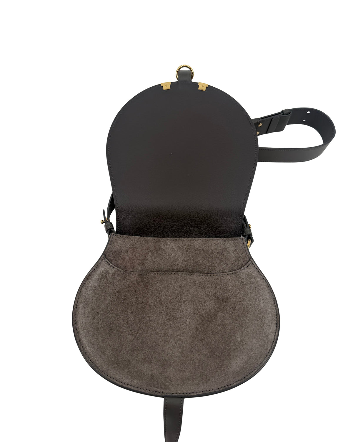 Chloe Marcie Grey Suede Saddle Crossbody Bag Gold Hardware Dust Bag