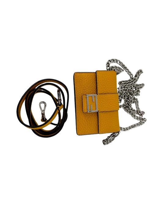 Fendi Mamma Baguette Mini Wallet on Chain Yellow Grained Leather FF Crossbody