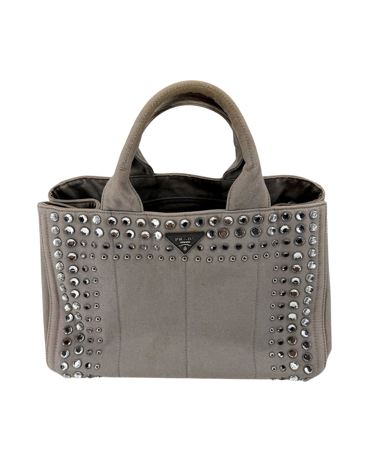 Prada Canapa Studded Crystal Canvas Tote Grey Convertible Shoulder Bag w/ Strap