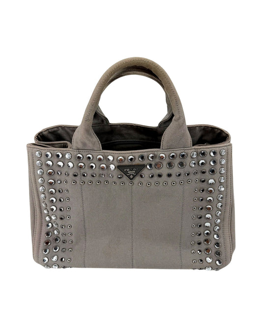 Prada Canapa Studded Crystal Canvas Tote Grey Convertible Shoulder Bag w/ Strap