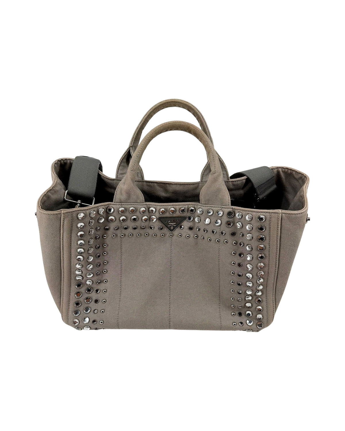 Prada Canapa Studded Crystal Canvas Tote Grey Convertible Shoulder Bag w/ Strap