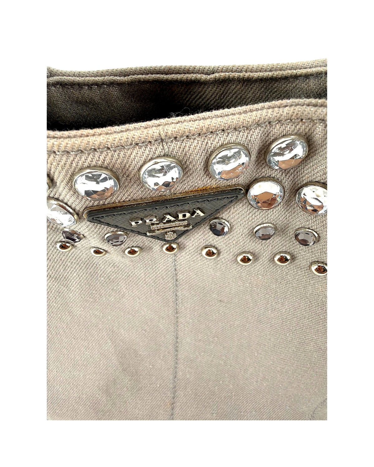 Prada Canapa Studded Crystal Canvas Tote Grey Convertible Shoulder Bag w/ Strap