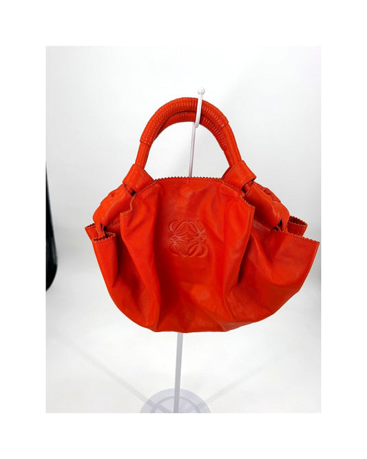 Loewe Nappa Aire Orange Leather Top Handle Bag Embossed Anagram Ruched