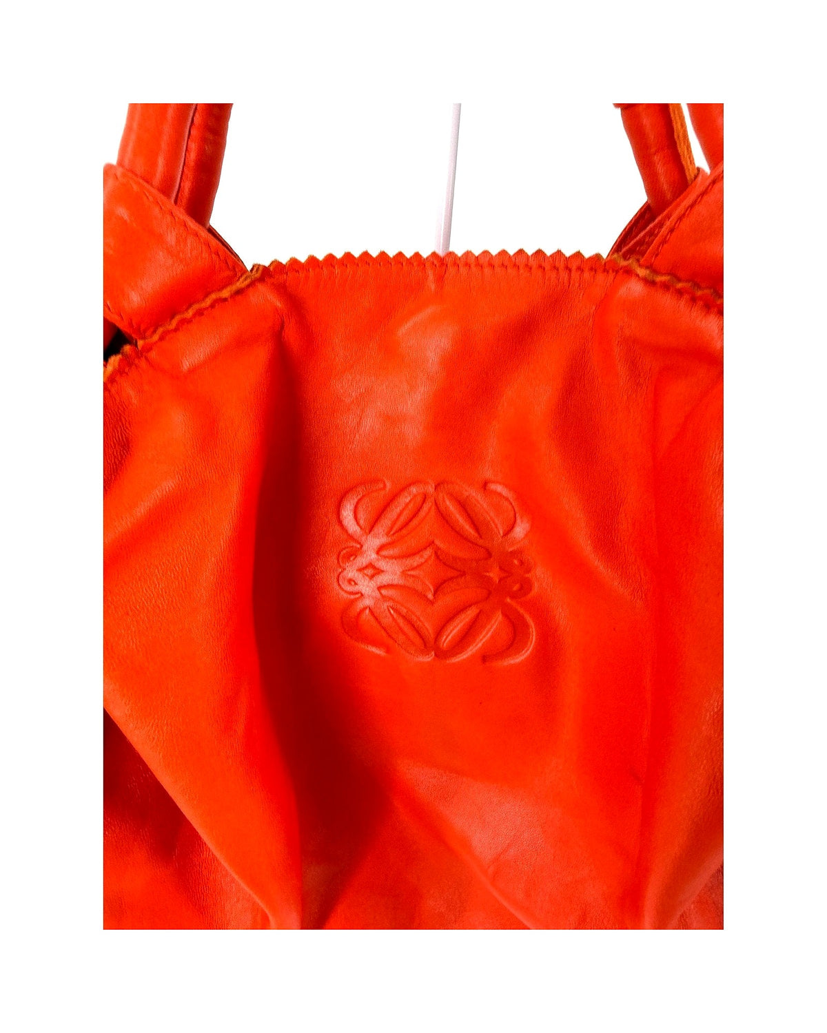 Loewe Nappa Aire Orange Leather Top Handle Bag Embossed Anagram Ruched