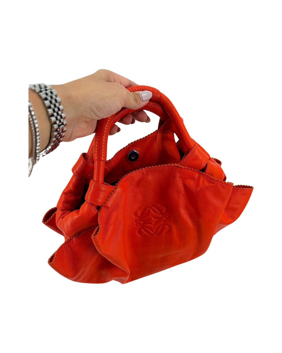 Loewe Nappa Aire Orange Leather Top Handle Bag Embossed Anagram Ruched