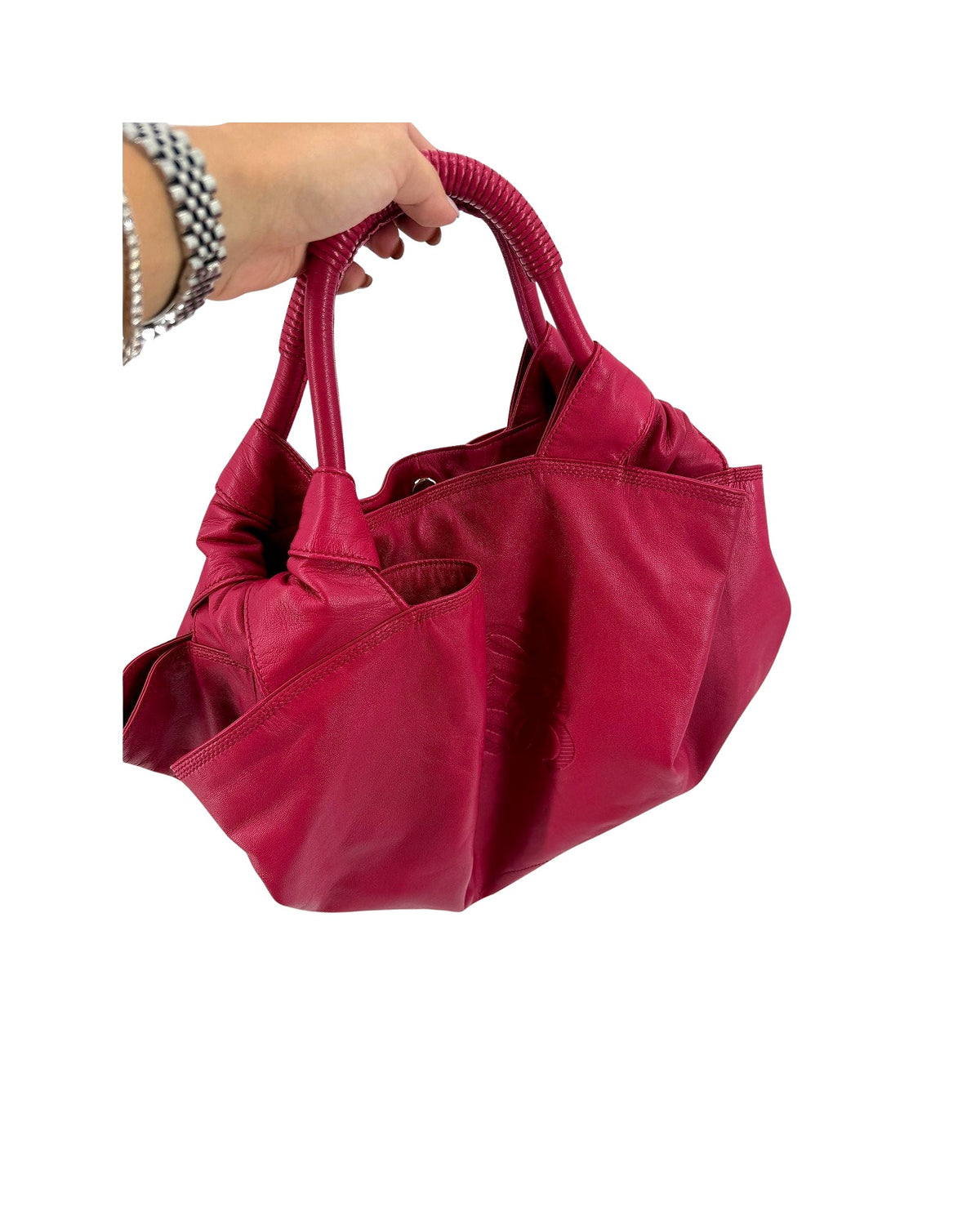 Loewe Nappa Aire Magenta Pink Leather Top Handle Bag Embossed Anagram