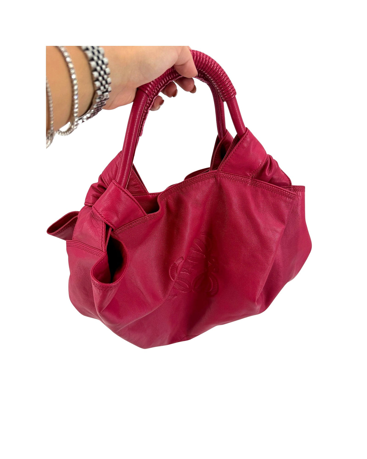 Loewe Nappa Aire Magenta Pink Leather Top Handle Bag Embossed Anagram