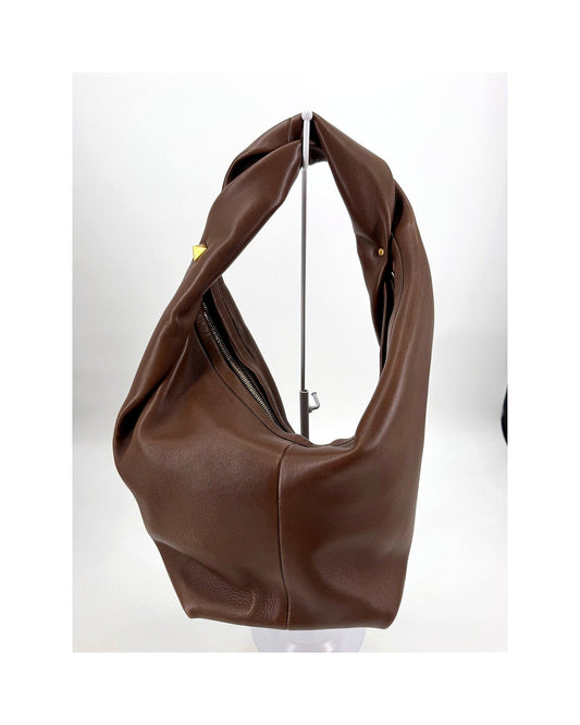 Valentino Garavani Roman Stud Twist Large Hobo Bag Brown Leather Gold Stud