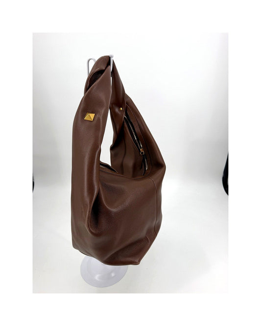 Valentino Garavani Roman Stud Twist Large Hobo Bag Brown Leather Gold Stud