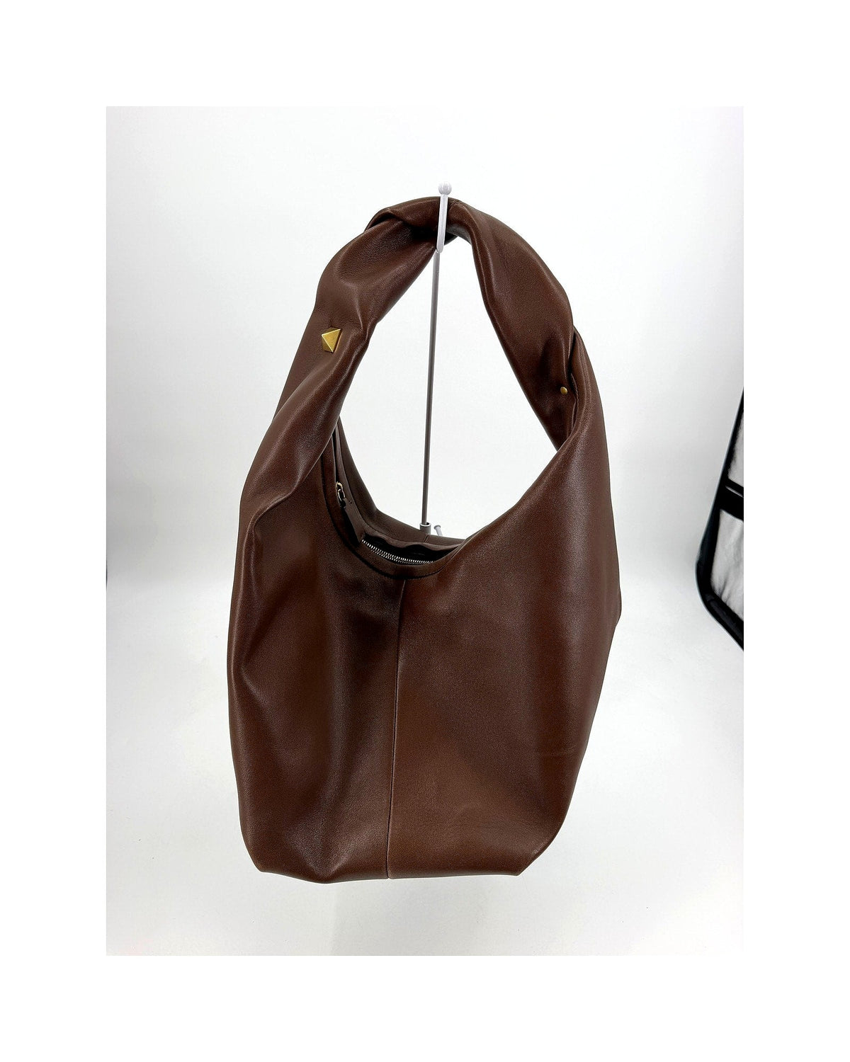 Valentino Garavani Roman Stud Twist Large Hobo Bag Brown Leather Gold Stud