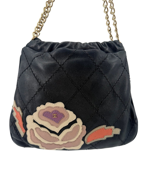 Chanel Black Quilted Lambskin Drawstring Bucket Bag Floral CC Applique Chain Strap