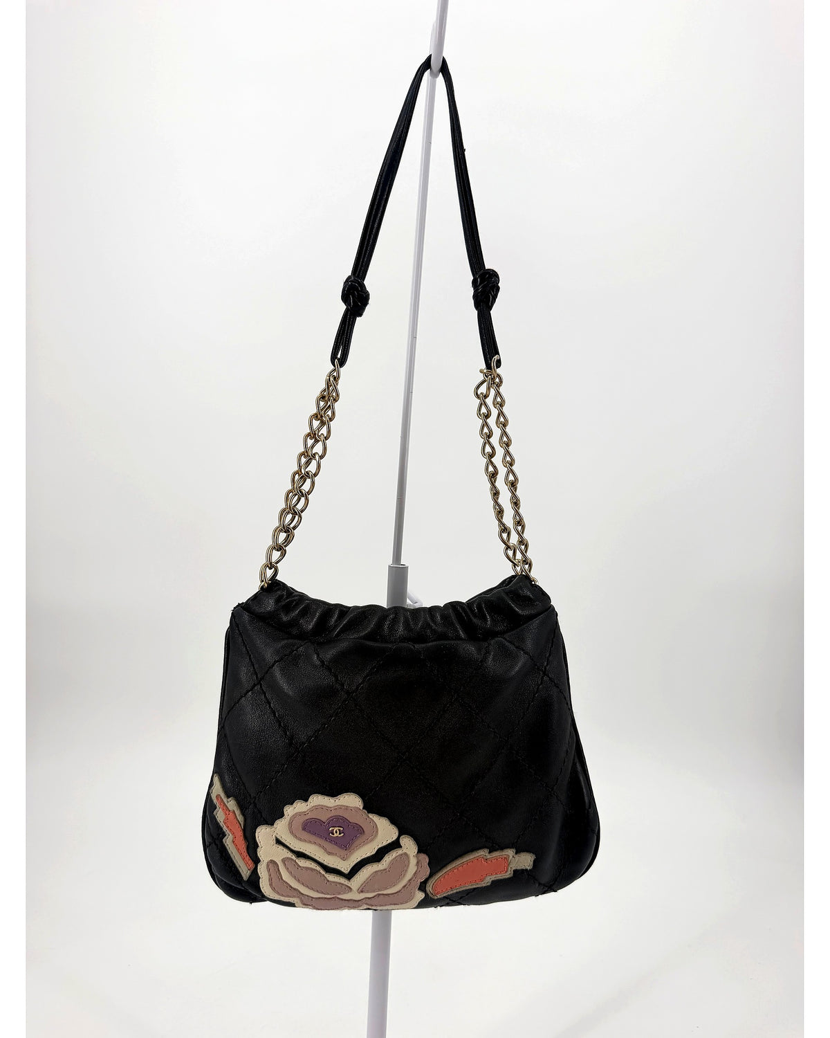 Chanel Black Quilted Lambskin Drawstring Bucket Bag Floral CC Applique Chain Strap