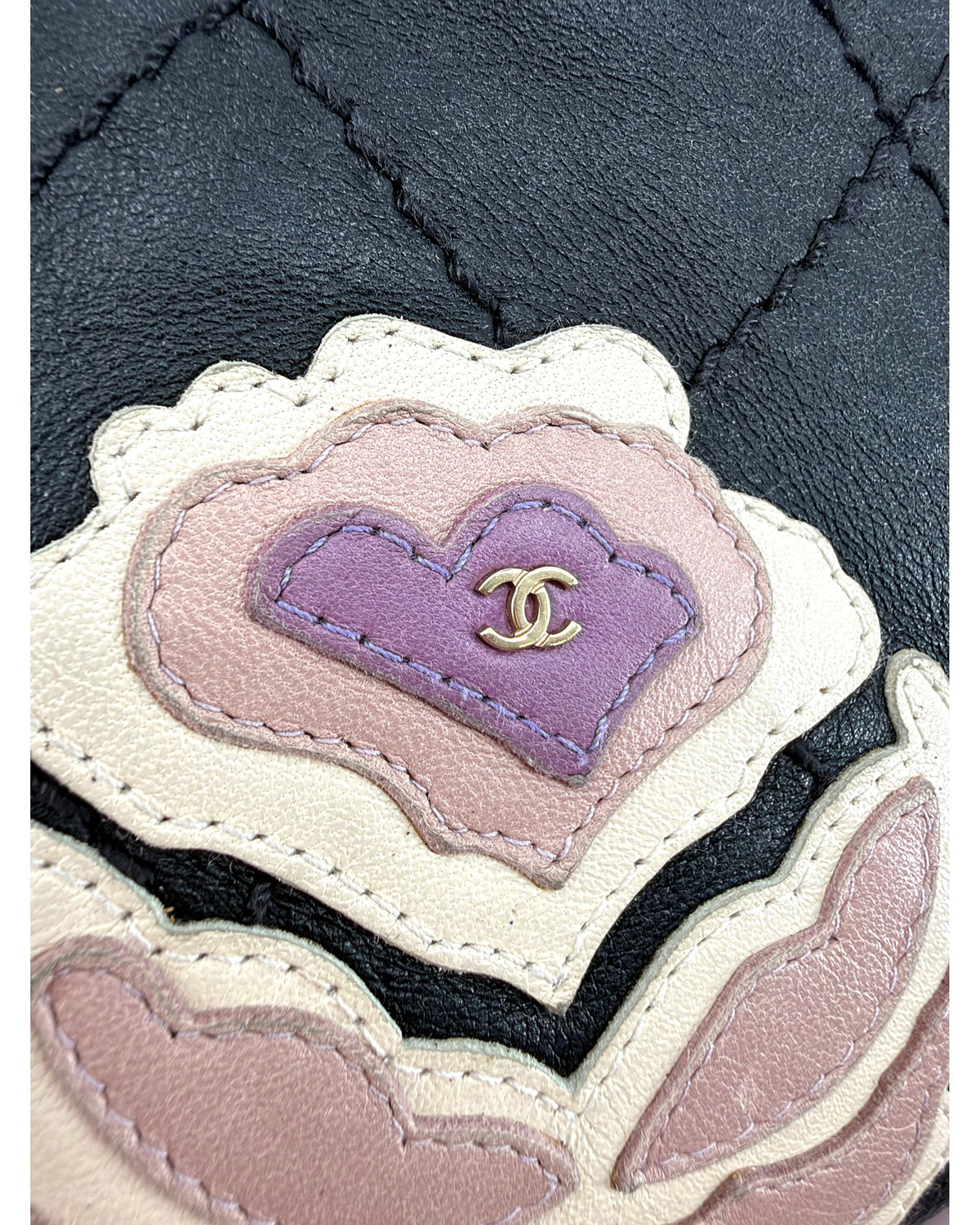 Chanel Black Quilted Lambskin Drawstring Bucket Bag Floral CC Applique Chain Strap