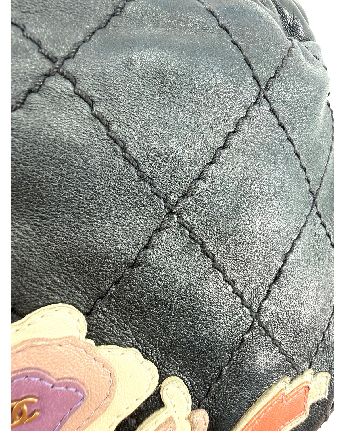 Chanel Black Quilted Lambskin Drawstring Bucket Bag Floral CC Applique Chain Strap