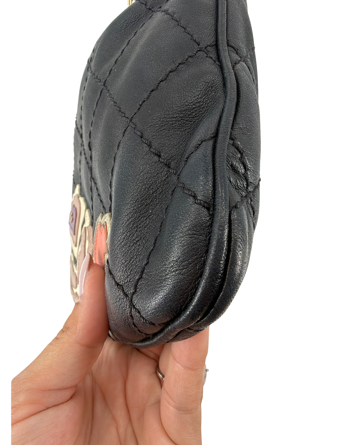 Chanel Black Quilted Lambskin Drawstring Bucket Bag Floral CC Applique Chain Strap