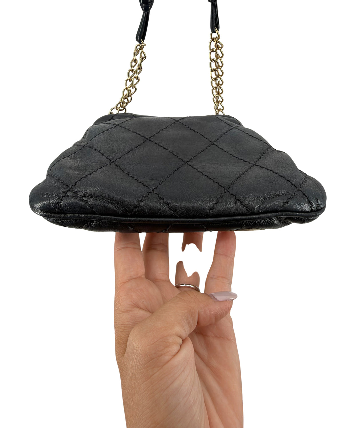 Chanel Black Quilted Lambskin Drawstring Bucket Bag Floral CC Applique Chain Strap