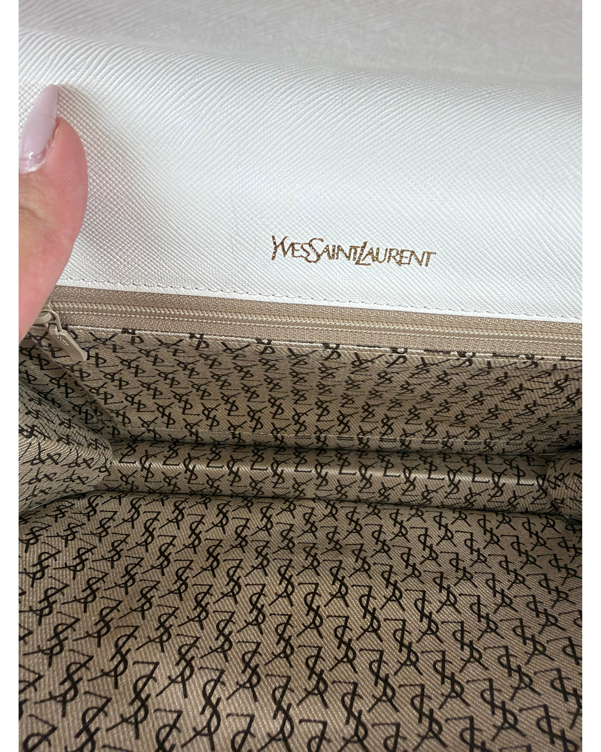 Yves Saint Laurent Vintage White Textured Leather Envelope Clutch YSL Logo
