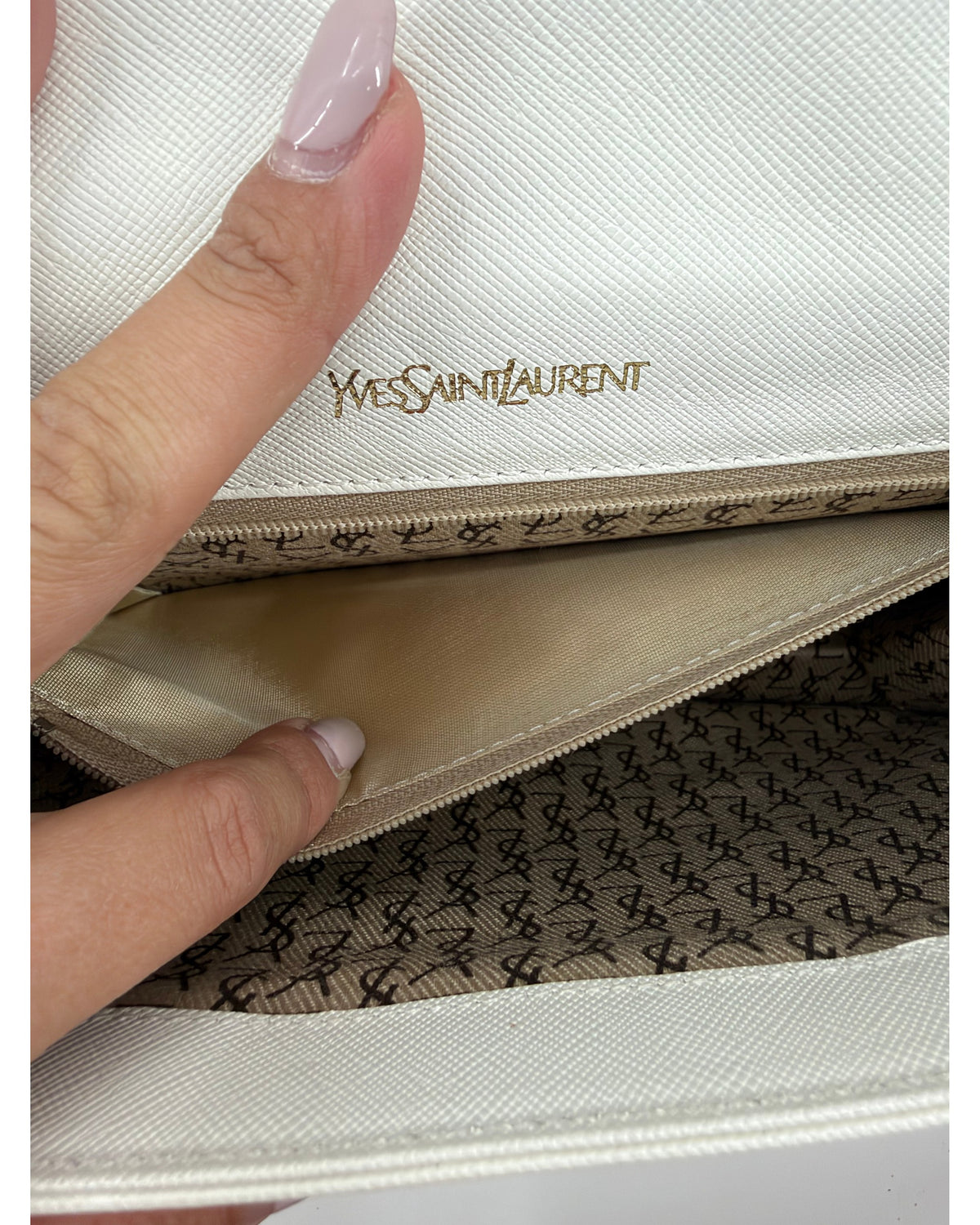 Yves Saint Laurent Vintage White Textured Leather Envelope Clutch YSL Logo