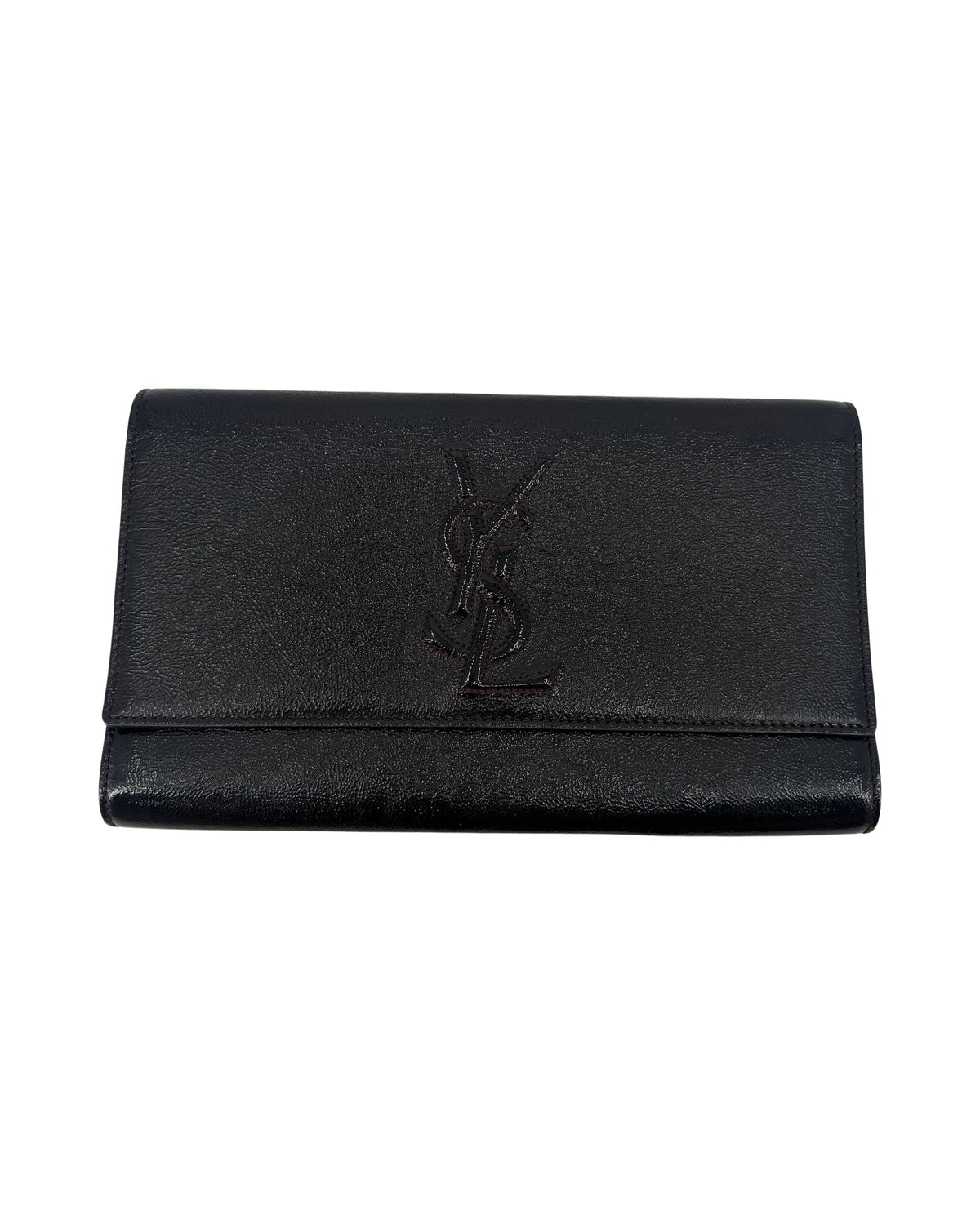 Saint Laurent Belle de Jour Black Patent Leather Flap Clutch YSL Logo