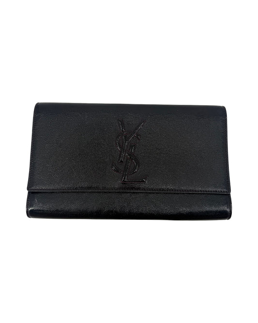 Saint Laurent Belle de Jour Black Patent Leather Flap Clutch YSL Logo