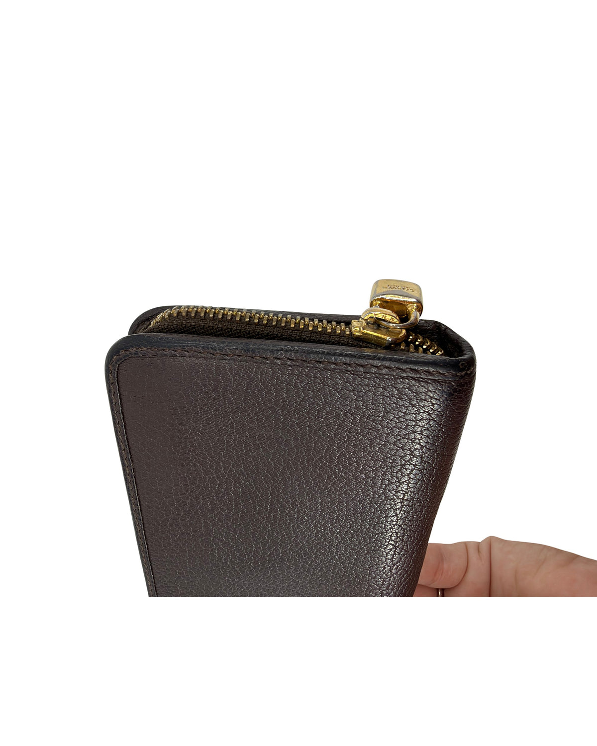 Loewe Dark Brown Grained Leather Zip Around Wallet Anagram Padlock Pull
