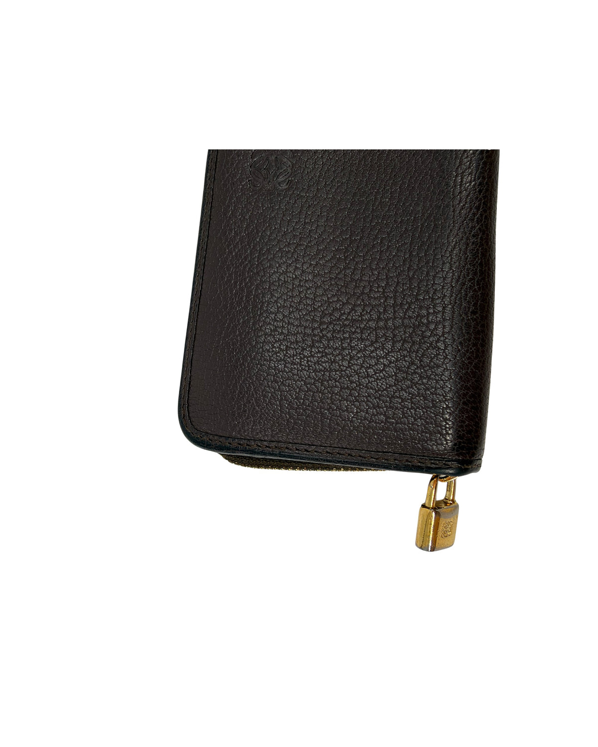 Loewe Dark Brown Grained Leather Zip Around Wallet Anagram Padlock Pull