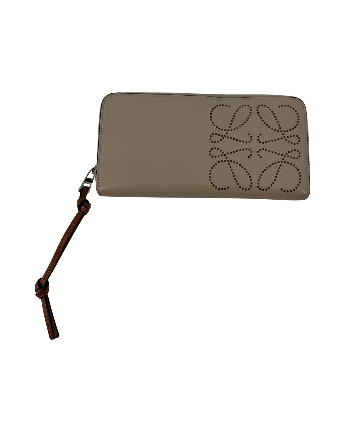 Loewe Anagram Perforated Beige Leather Zip Around Wallet Tan Strap