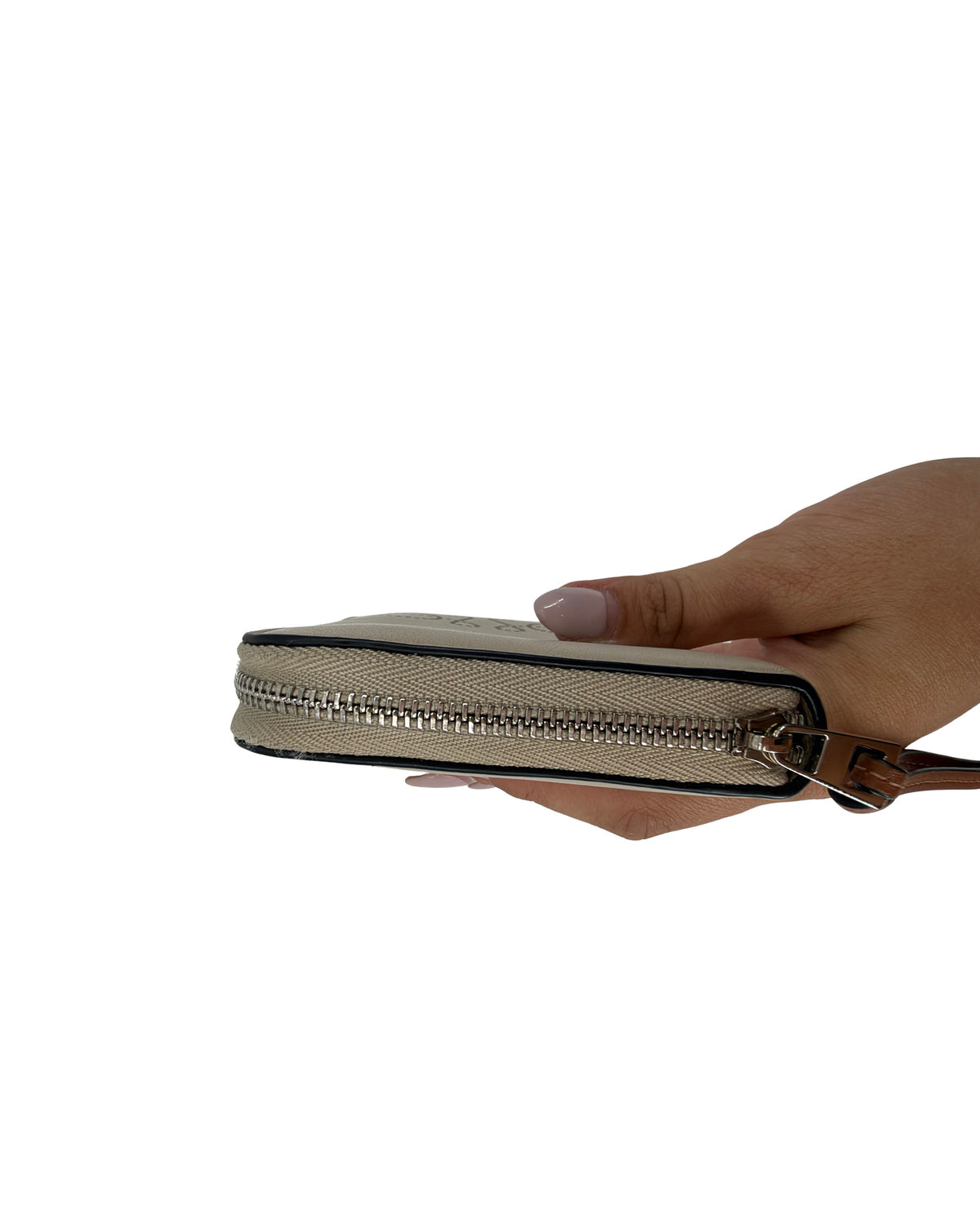 Loewe Anagram Perforated Beige Leather Zip Around Wallet Tan Strap