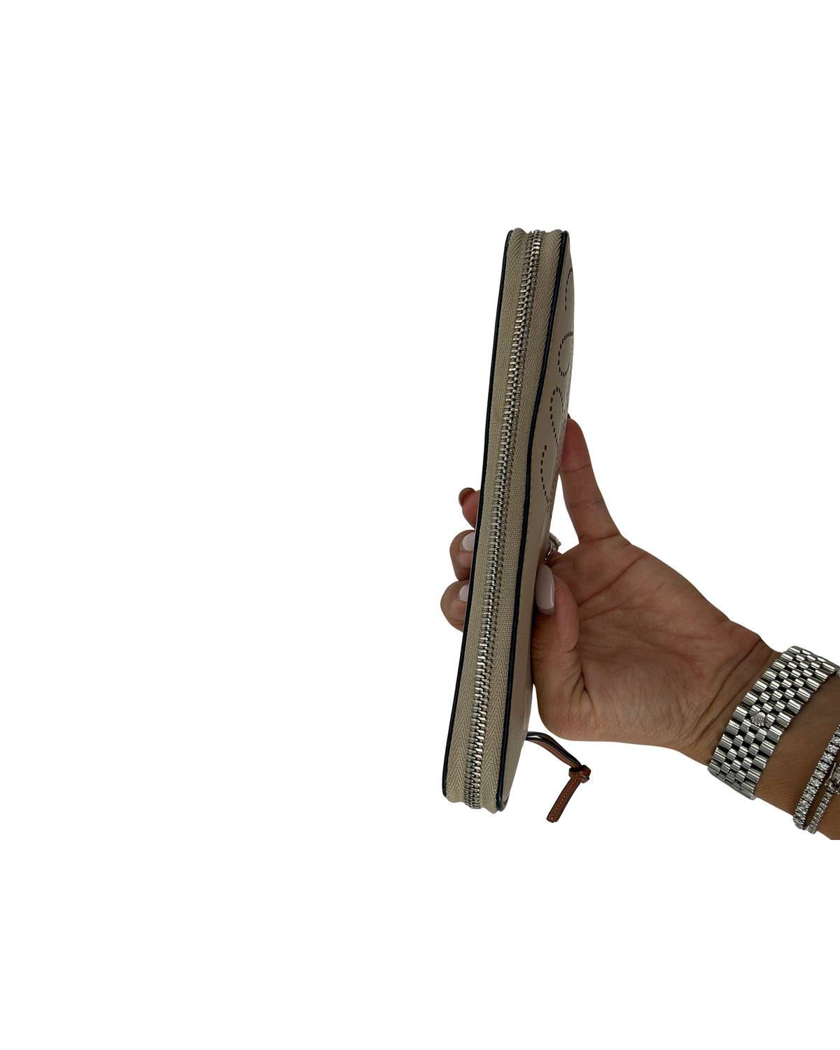 Loewe Anagram Perforated Beige Leather Zip Around Wallet Tan Strap