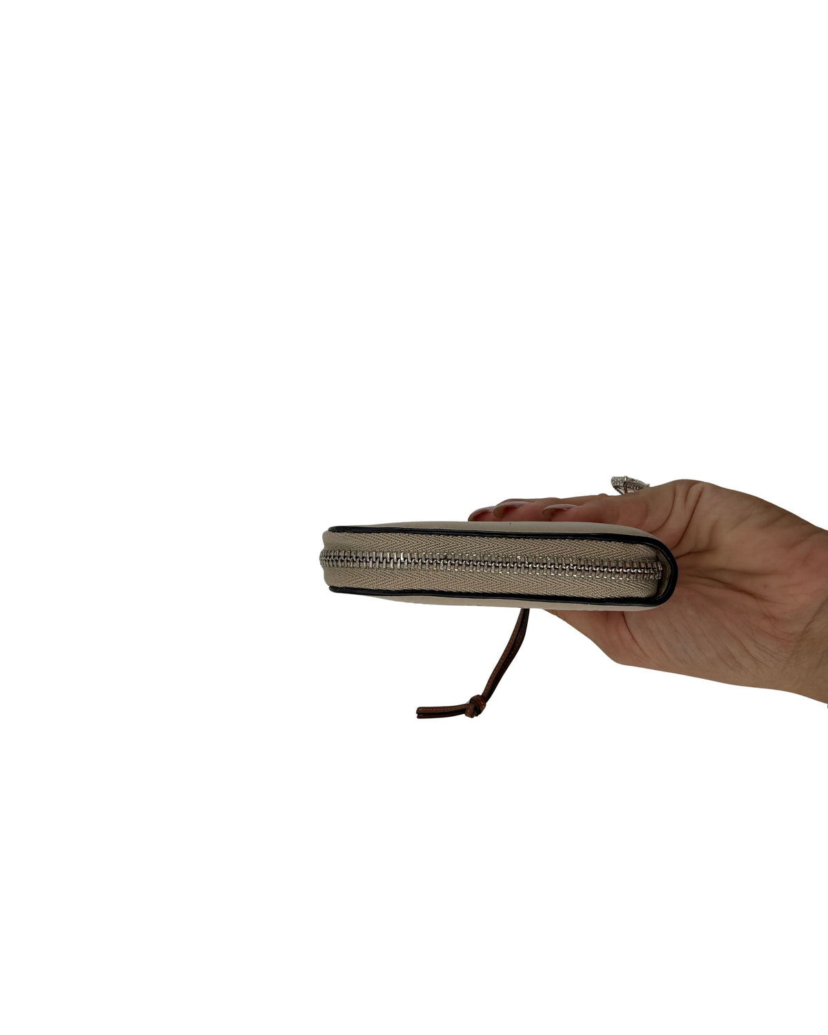 Loewe Anagram Perforated Beige Leather Zip Around Wallet Tan Strap
