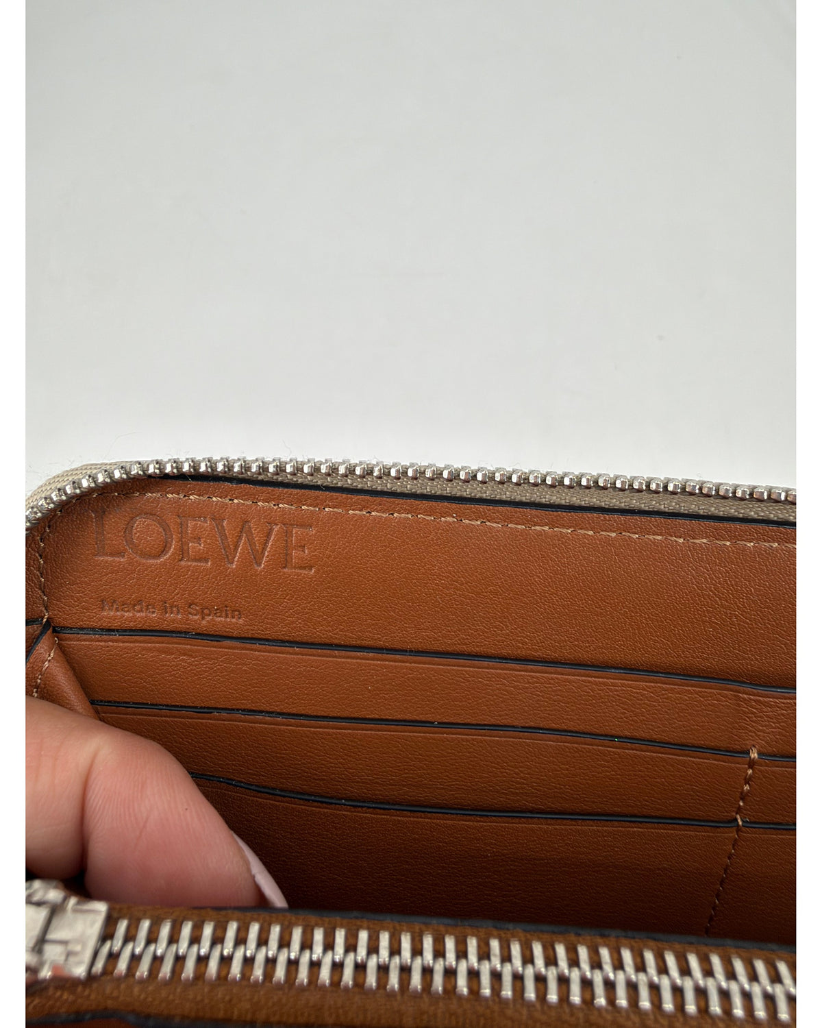 Loewe Anagram Perforated Beige Leather Zip Around Wallet Tan Strap
