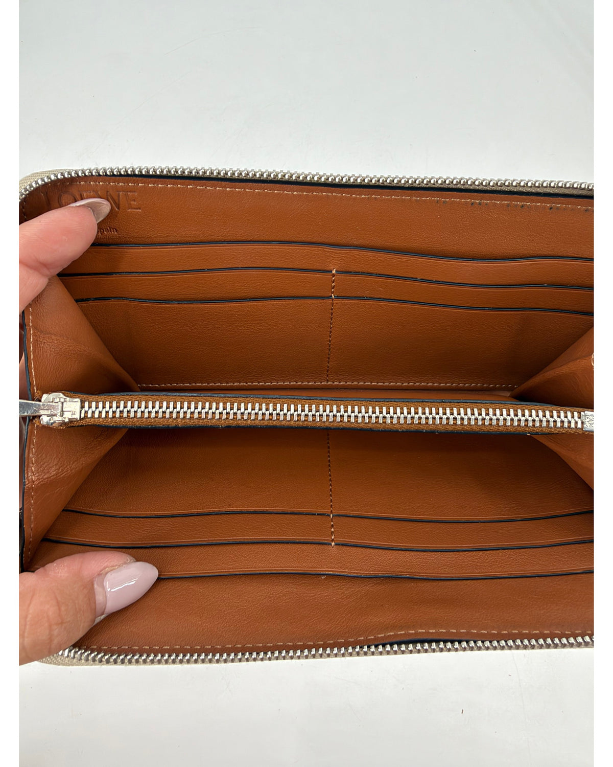 Loewe Anagram Perforated Beige Leather Zip Around Wallet Tan Strap