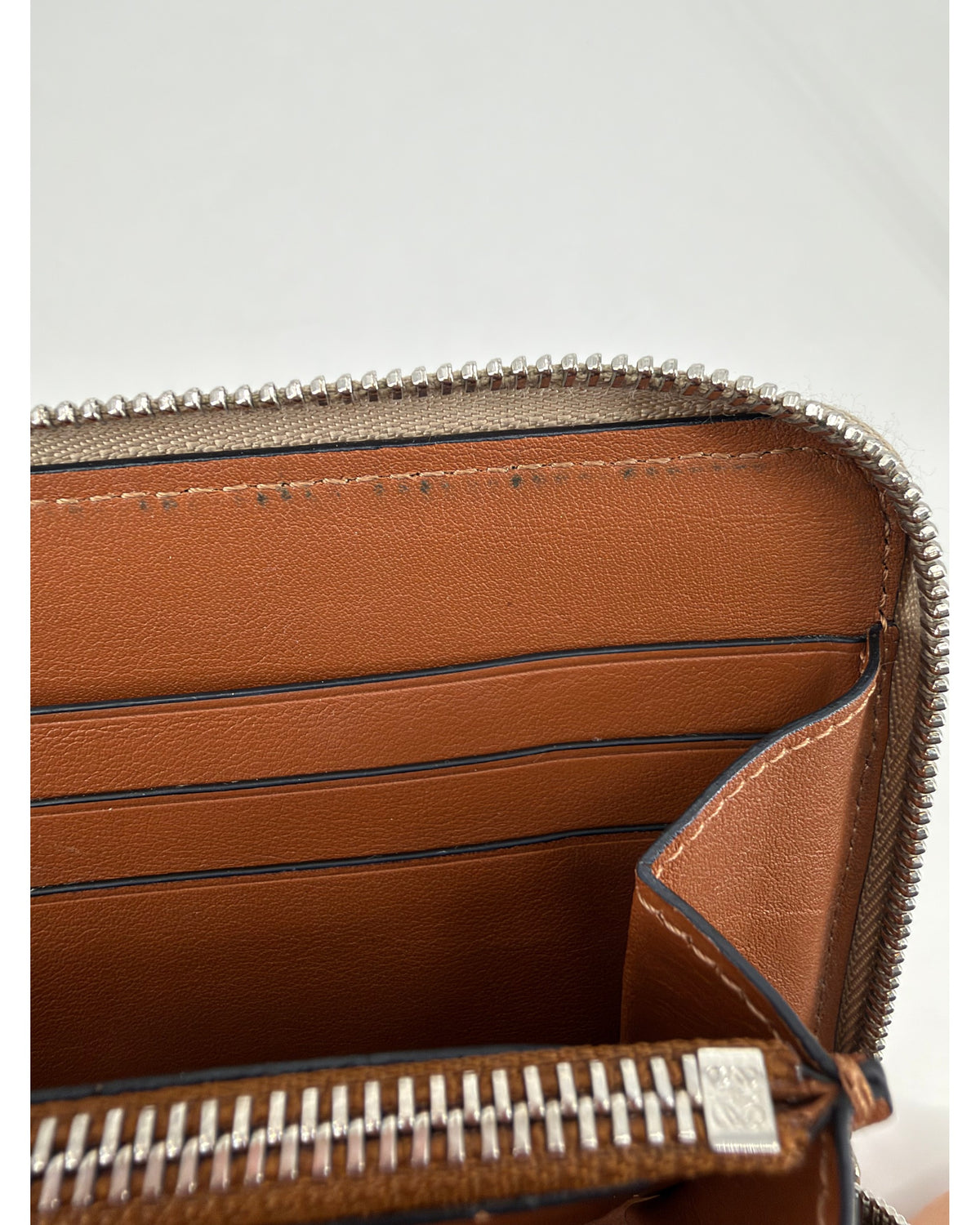 Loewe Anagram Perforated Beige Leather Zip Around Wallet Tan Strap