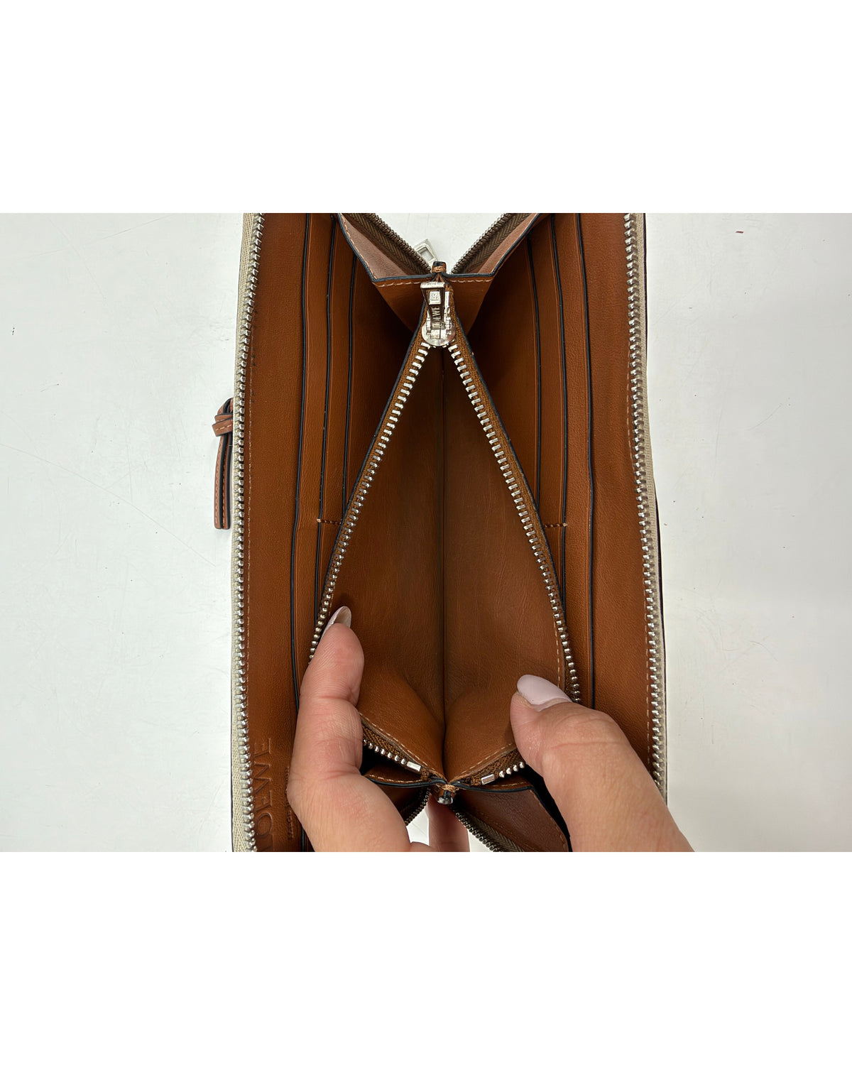 Loewe Anagram Perforated Beige Leather Zip Around Wallet Tan Strap