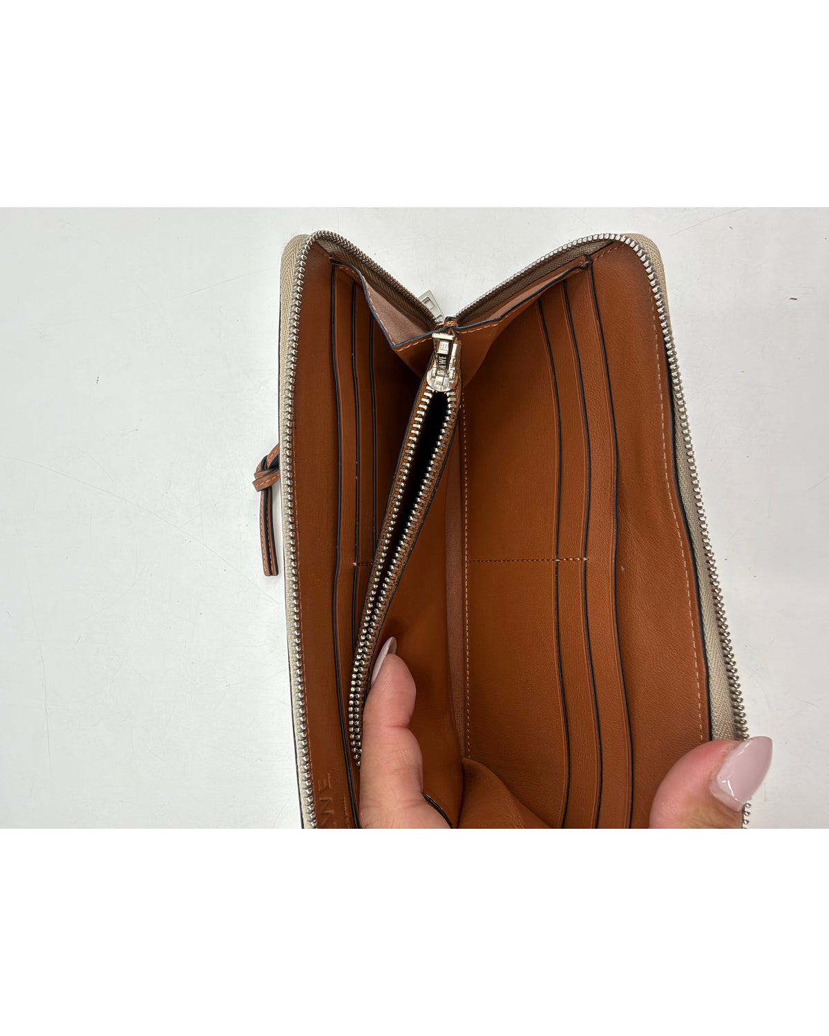 Loewe Anagram Perforated Beige Leather Zip Around Wallet Tan Strap