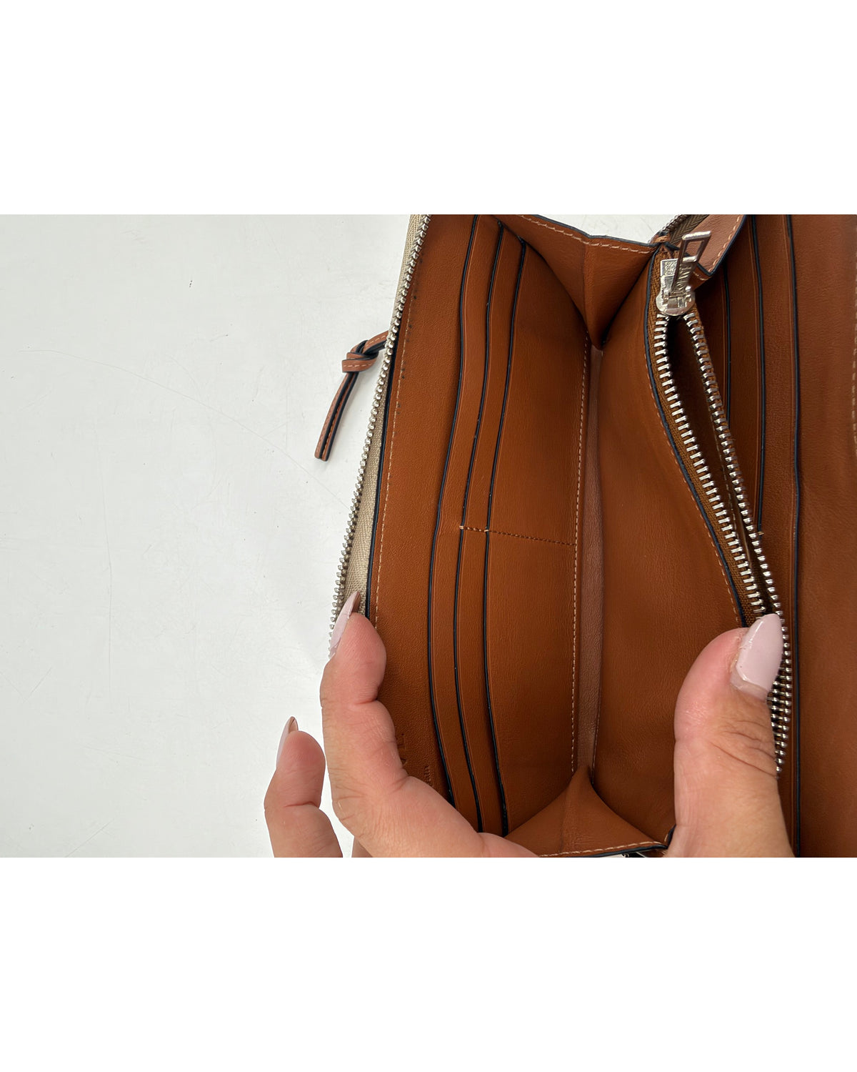 Loewe Anagram Perforated Beige Leather Zip Around Wallet Tan Strap
