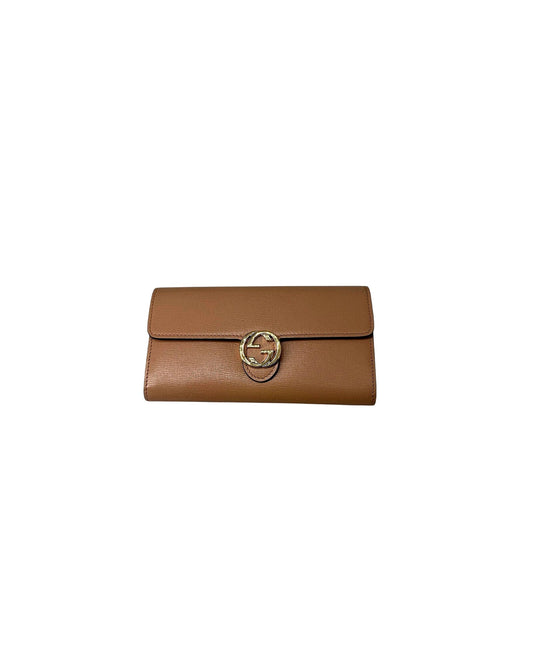 Gucci Interlocking G Continental Long Wallet Tan Beige Leather Gold GG 369663