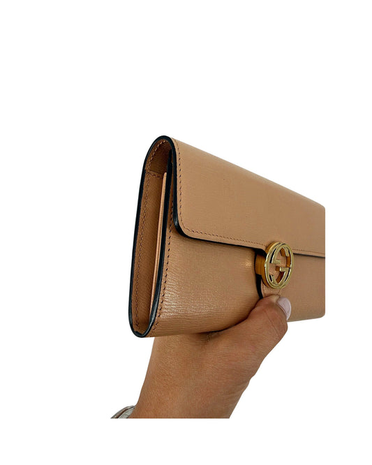 Gucci Interlocking G Continental Long Wallet Tan Beige Leather Gold GG 369663