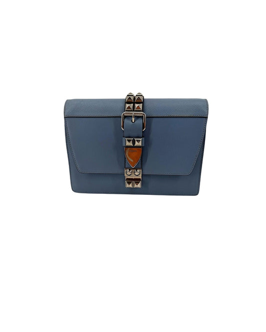 Prada Elektra Studded Leather Shoulder Bag Light Blue Saffiano Crossbody w Strap