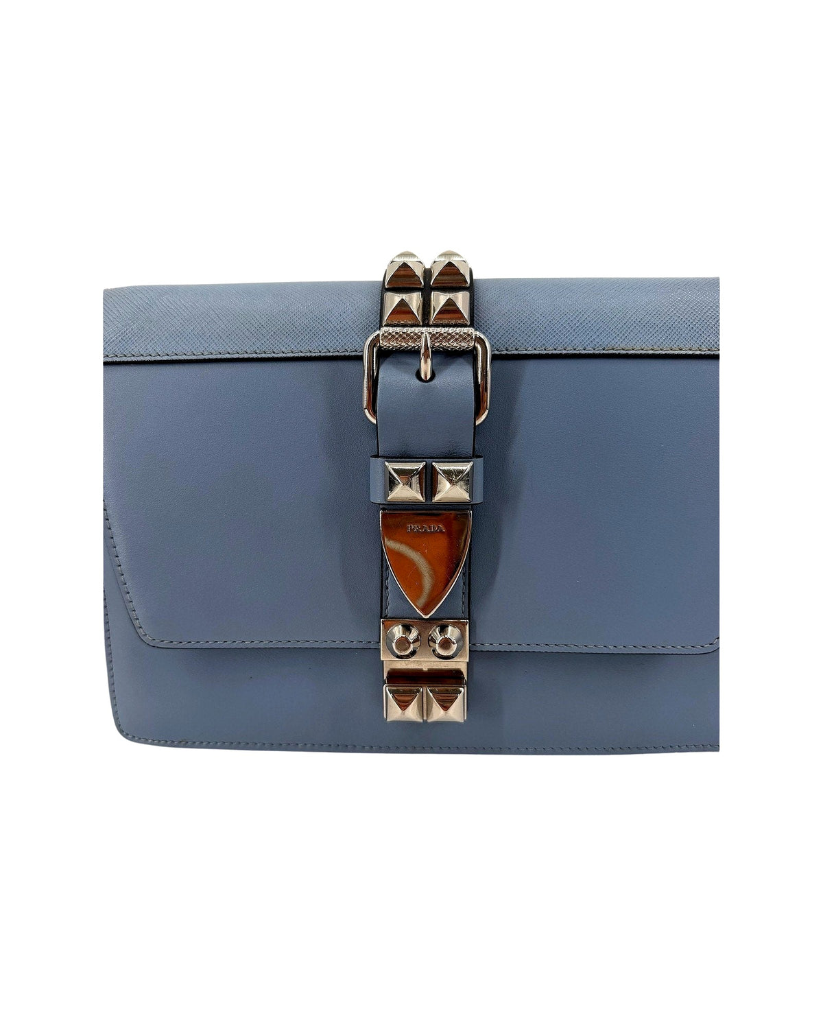 Prada Elektra Studded Leather Shoulder Bag Light Blue Saffiano Crossbody w Strap