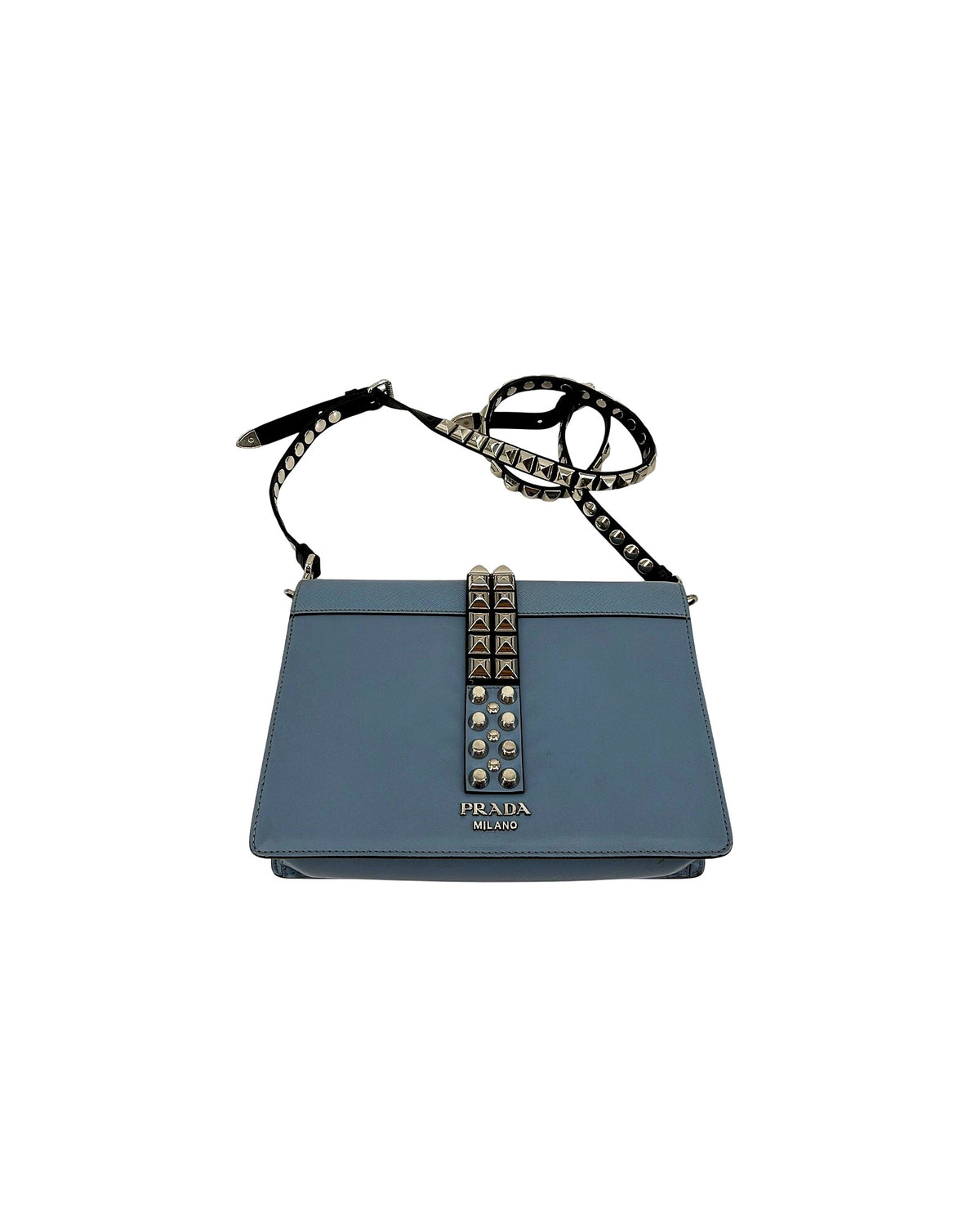 Prada Elektra Studded Leather Shoulder Bag Light Blue Saffiano Crossbody w Strap