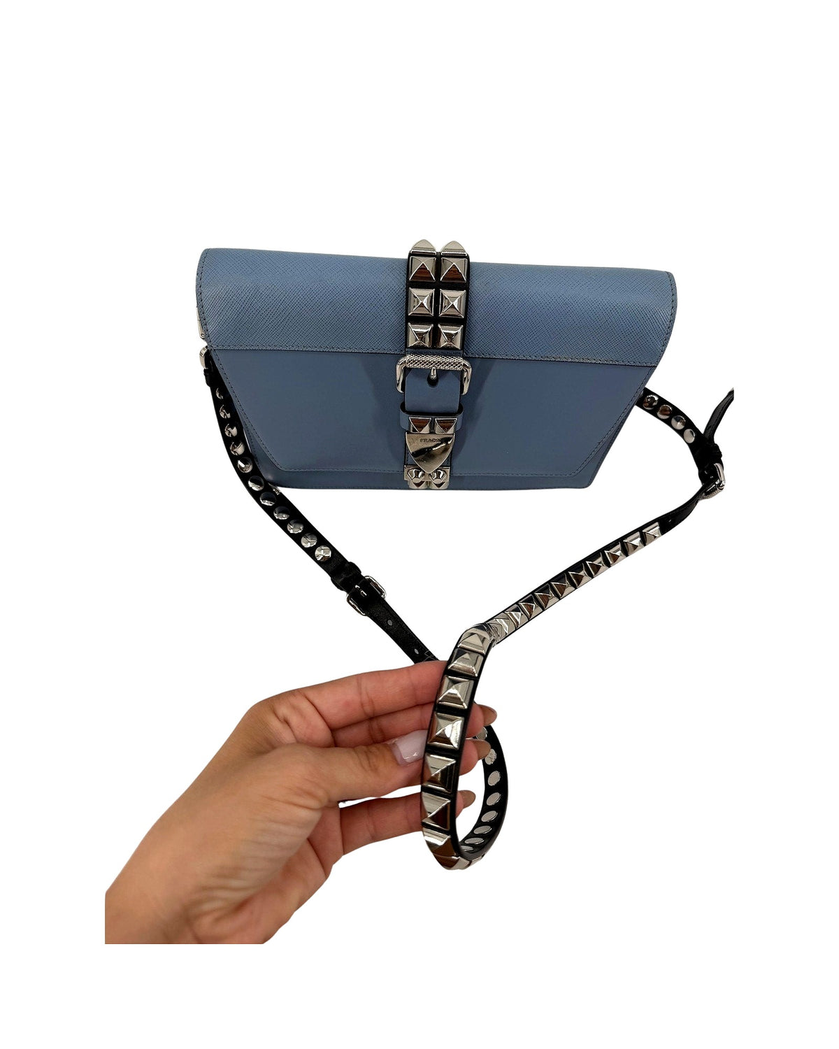 Prada Elektra Studded Leather Shoulder Bag Light Blue Saffiano Crossbody w Strap