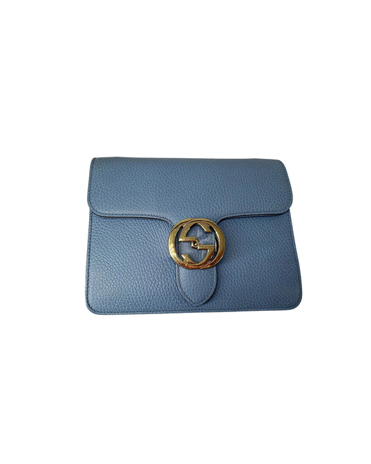 Gucci Small Interlocking G Shoulder Bag Light Blue Dollar Calfskin Gold Chain