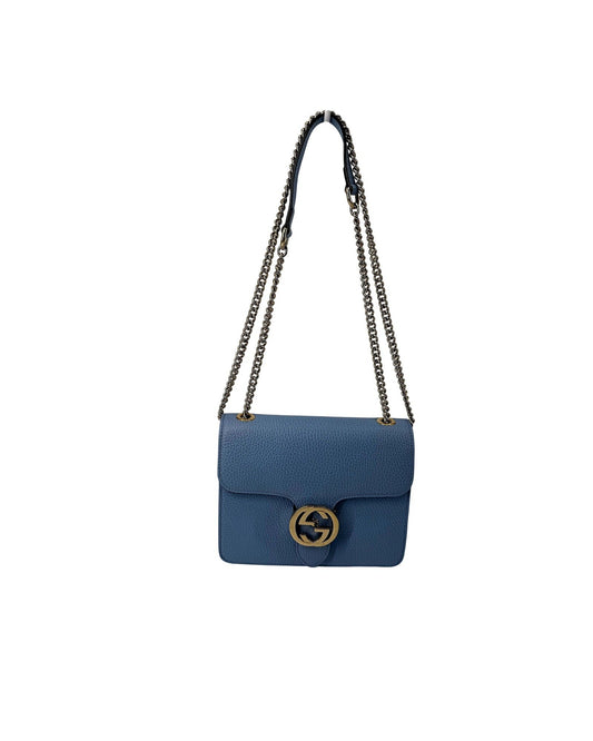 Gucci Small Interlocking G Shoulder Bag Light Blue Dollar Calfskin Gold Chain