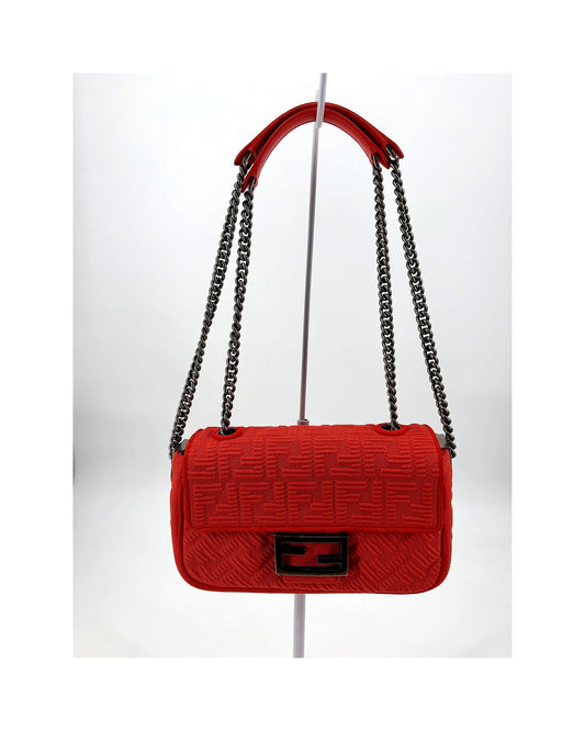 Fendi Baguette Chain Midi Red Orange FF Embossed Technical Mesh Shoulder Bag