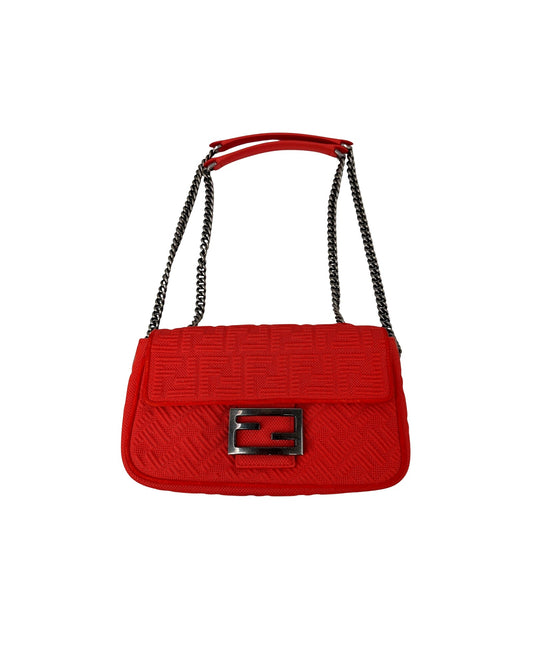 Fendi Baguette Chain Midi Red Orange FF Embossed Technical Mesh Shoulder Bag